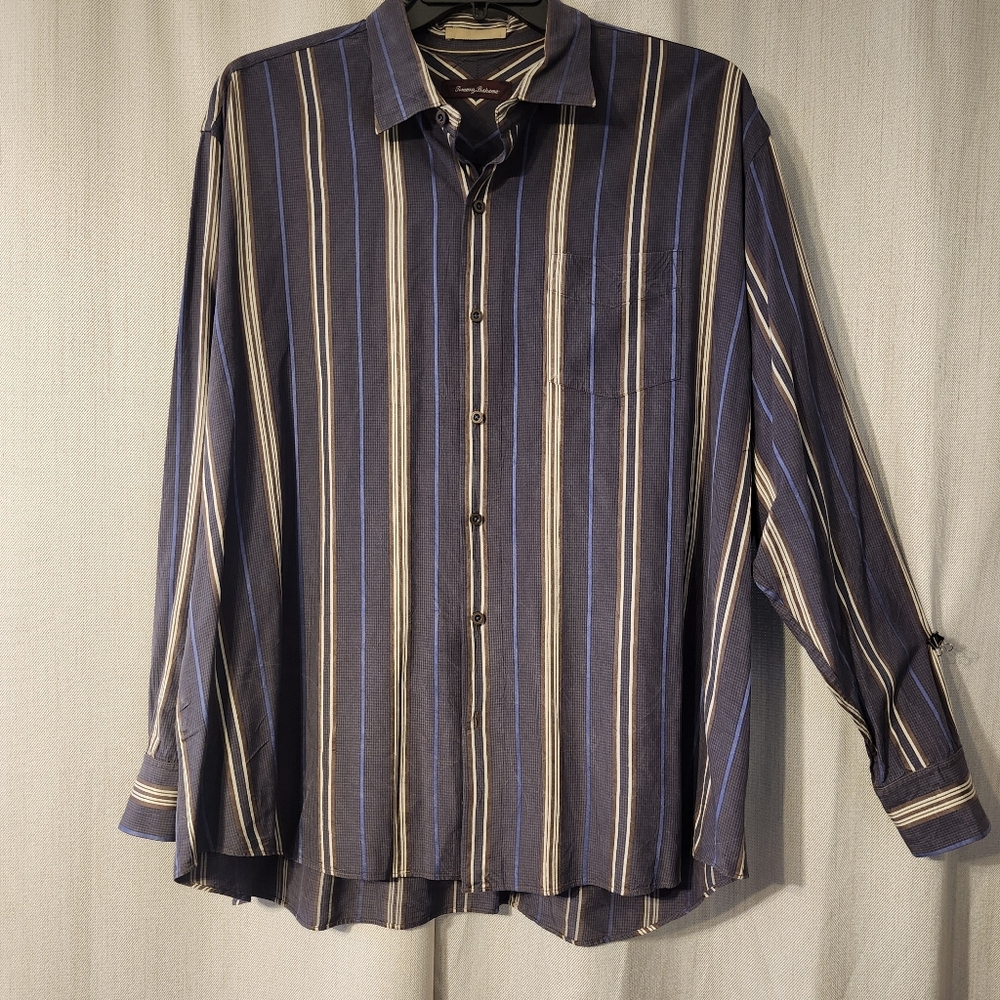 Tommy Bahama Mens Xxl Silk Striped Longsleeve Purple Blue Brown Natural Fibers